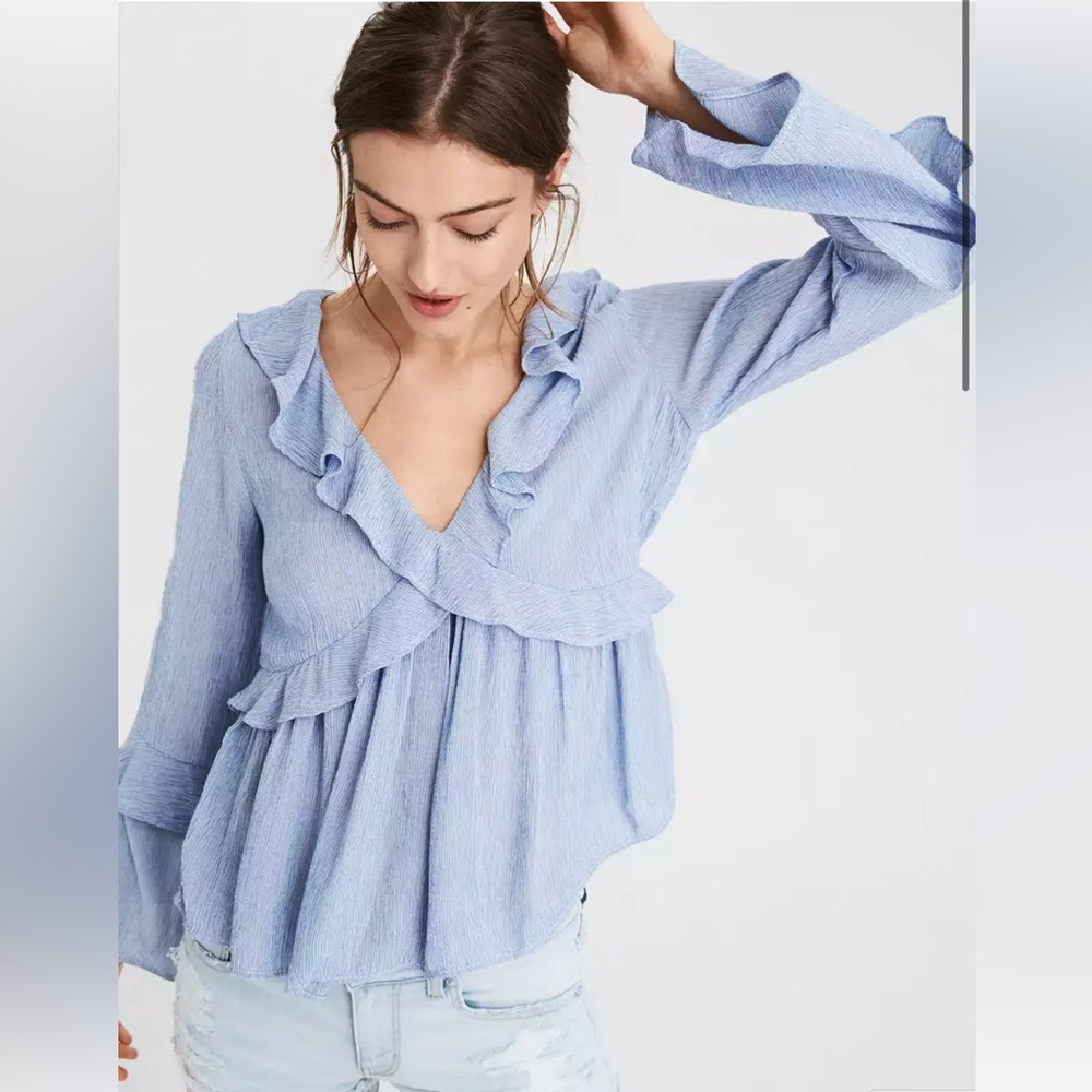 American Eagle Long Sleeve Ruffle Blouse Too Blue White Striped